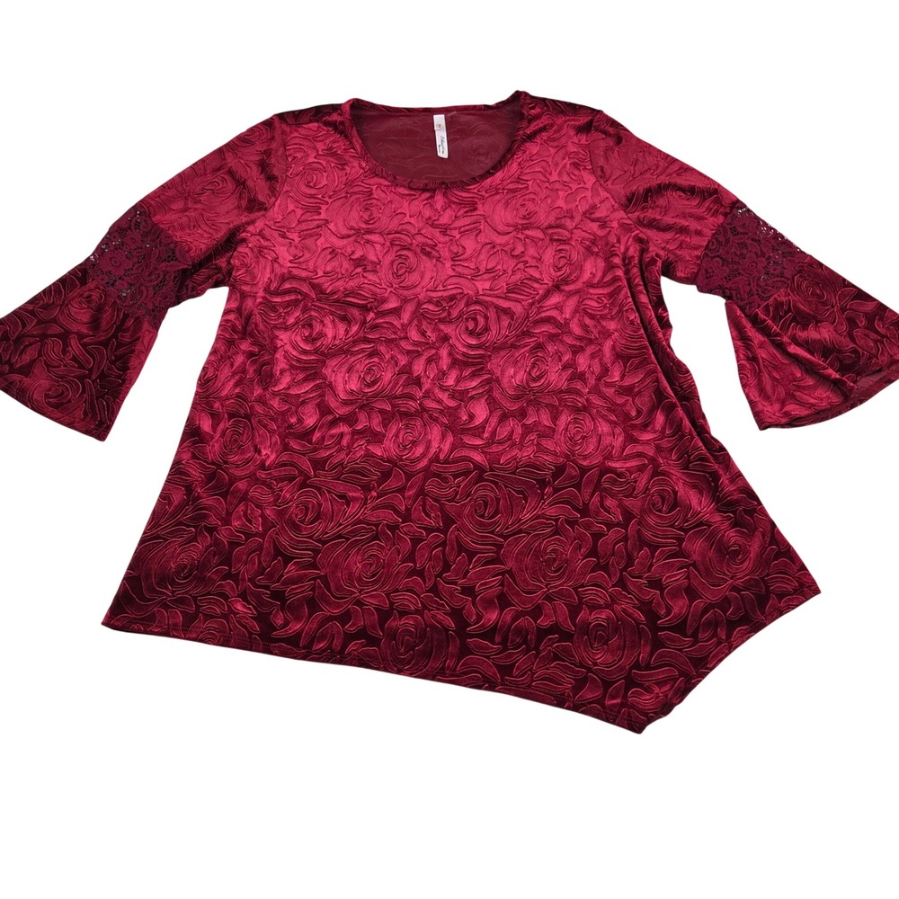 NY Collection Tunic Red Velvet Floral Lace Bell Sleeve Asymmetrical Top 2X